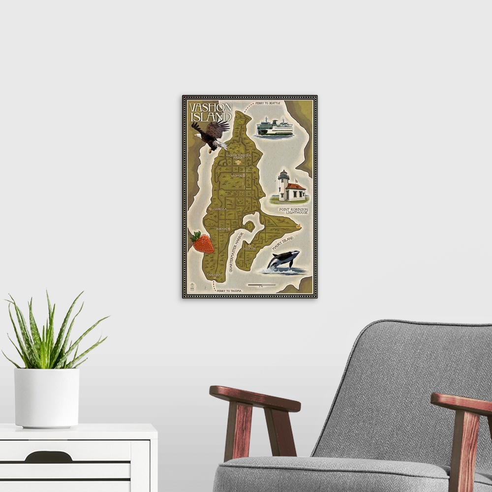 A modern room featuring Stylized art poster showing scenes from the local area around a map of Vashon Island.