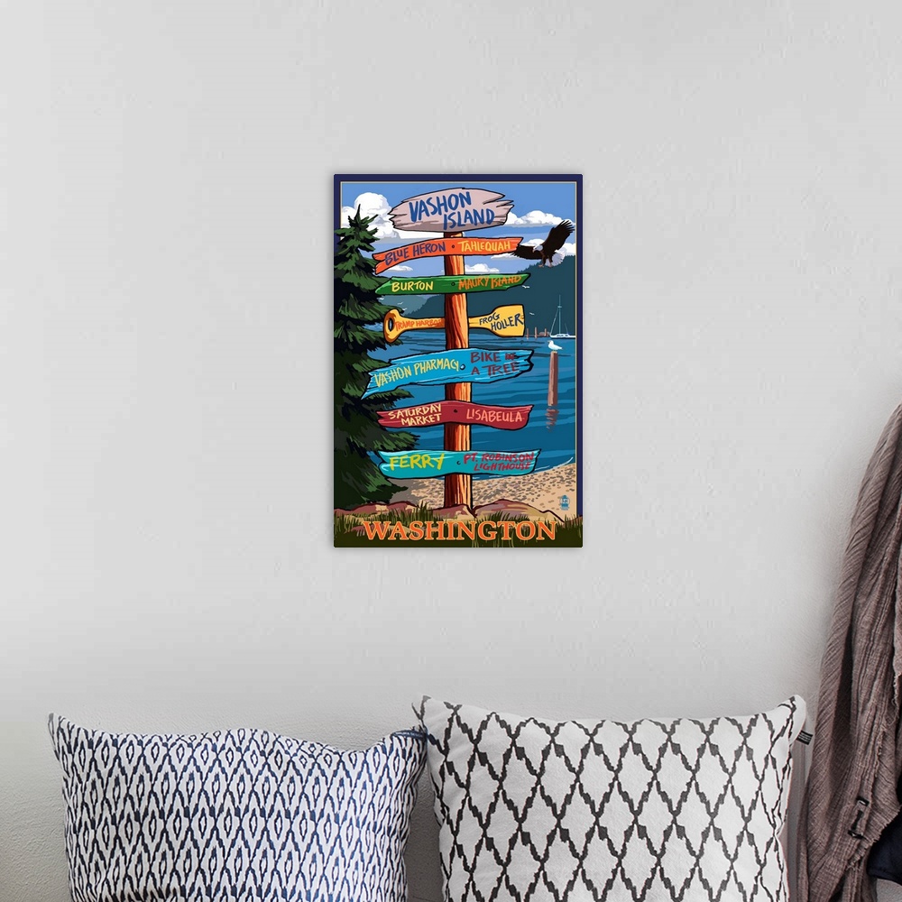 A bohemian room featuring Retro stylized art poster of a sign post showing multiple directions.