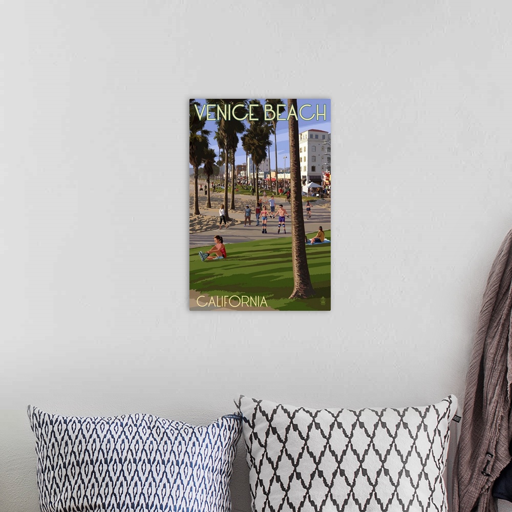 A bohemian room featuring Venice Beach, California - Boardwalk Scene: Retro Travel Poster