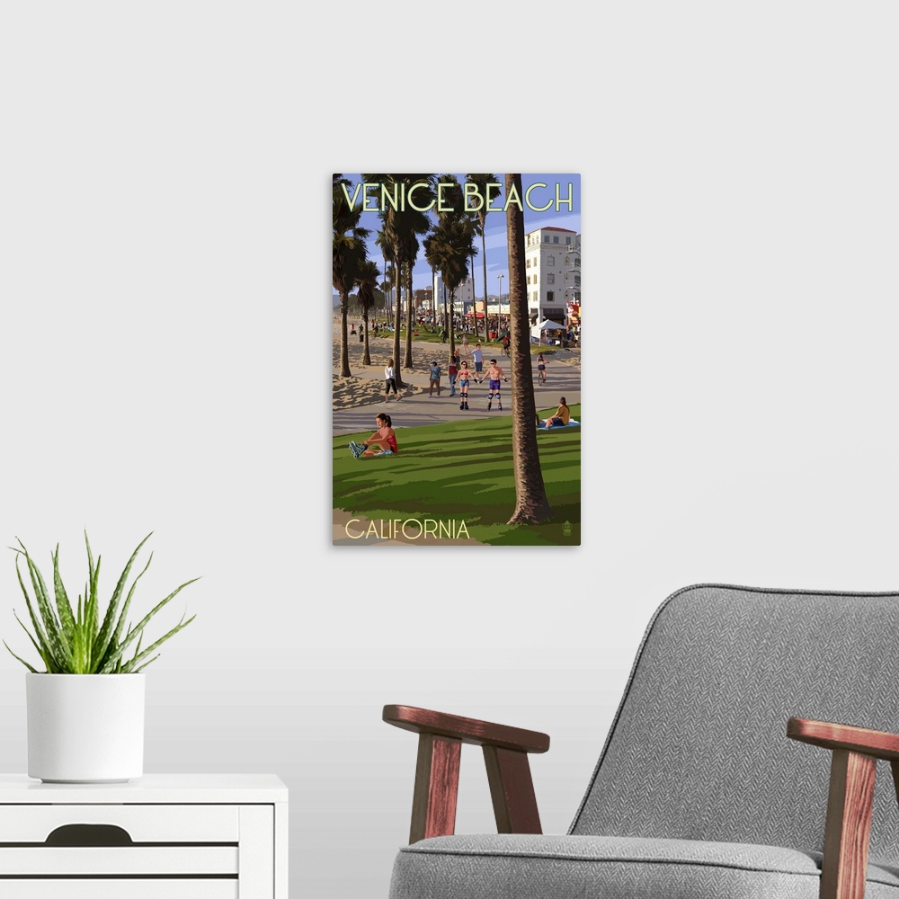 A modern room featuring Venice Beach, California - Boardwalk Scene: Retro Travel Poster