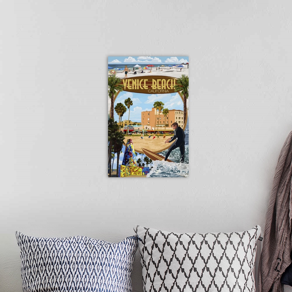 A bohemian room featuring Venice Beach, California - Montage Scenes: Retro Travel Poster