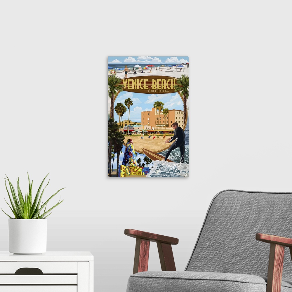 A modern room featuring Venice Beach, California - Montage Scenes: Retro Travel Poster