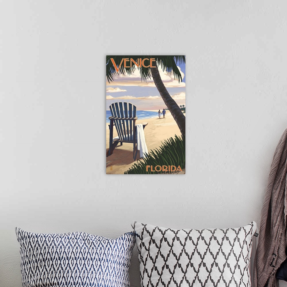 A bohemian room featuring Venice, Florida - Adirondack Chair on the Beach: Retro Travel Poster