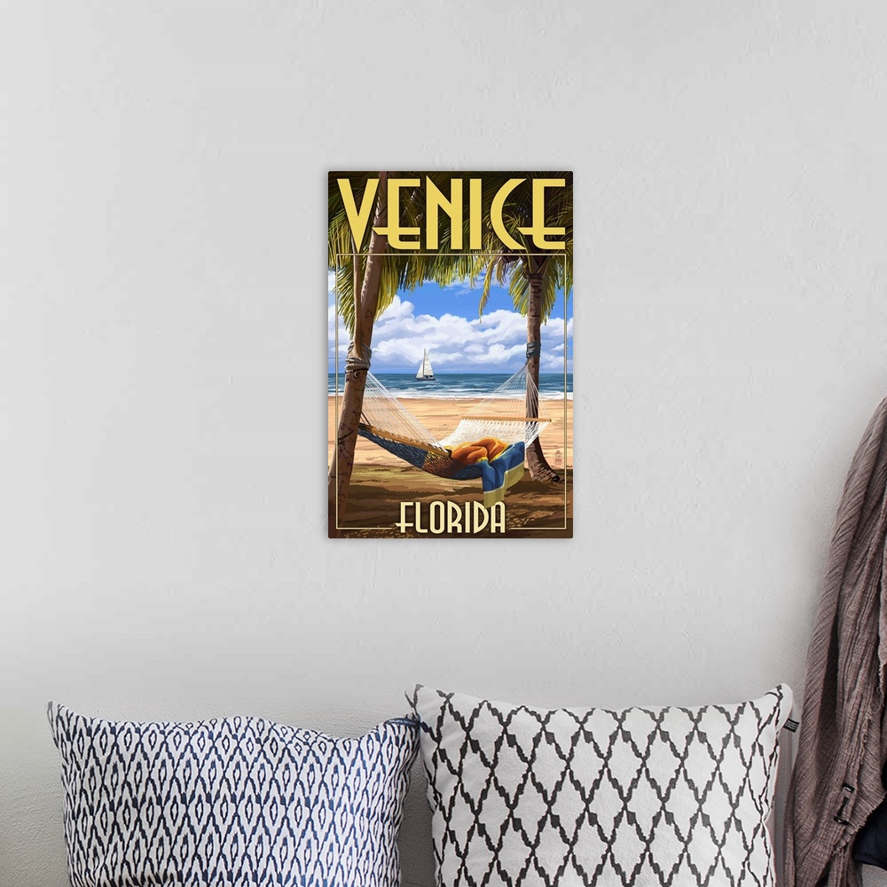 A bohemian room featuring Venice, Florida - Palms and Hammock: Retro Travel Poster