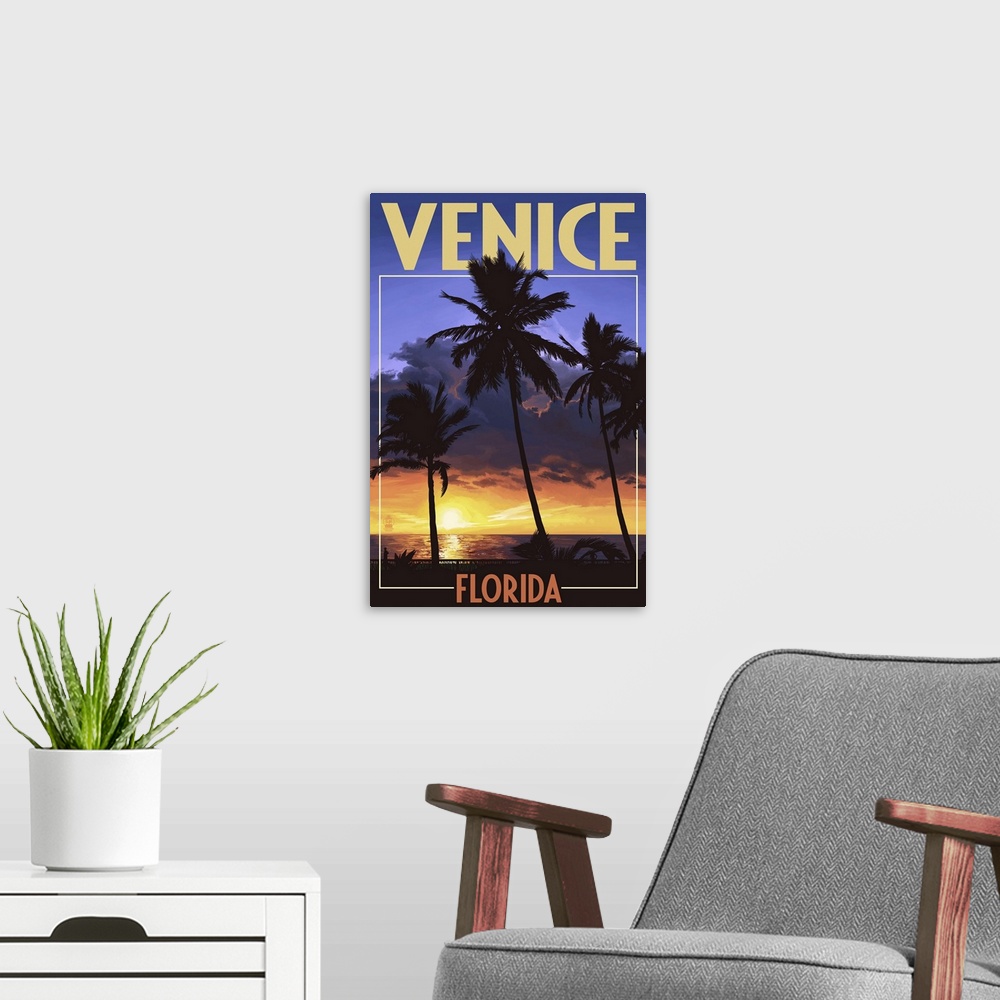 A modern room featuring Venice, Florida - Palms and Sunset: Retro Travel Poster