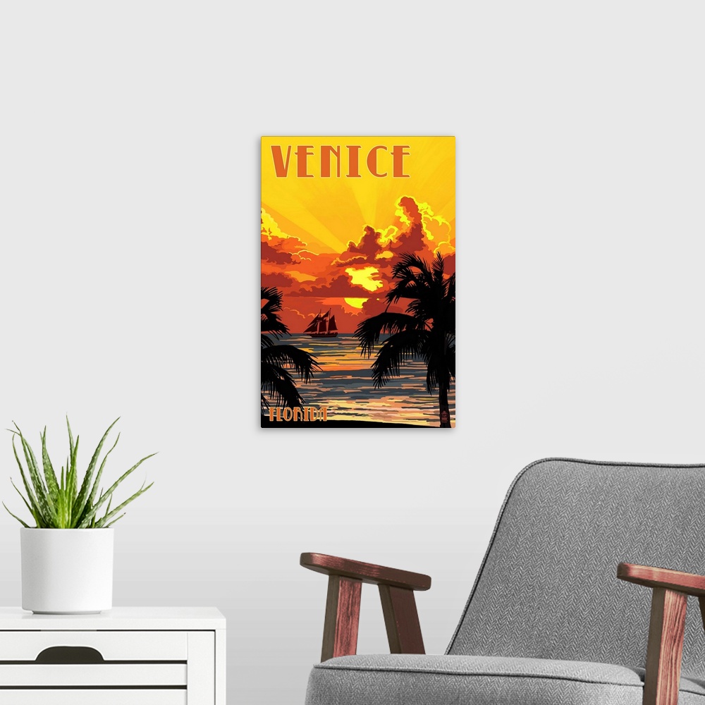 A modern room featuring Venice, Florida - Sunset and Ship: Retro Travel Poster