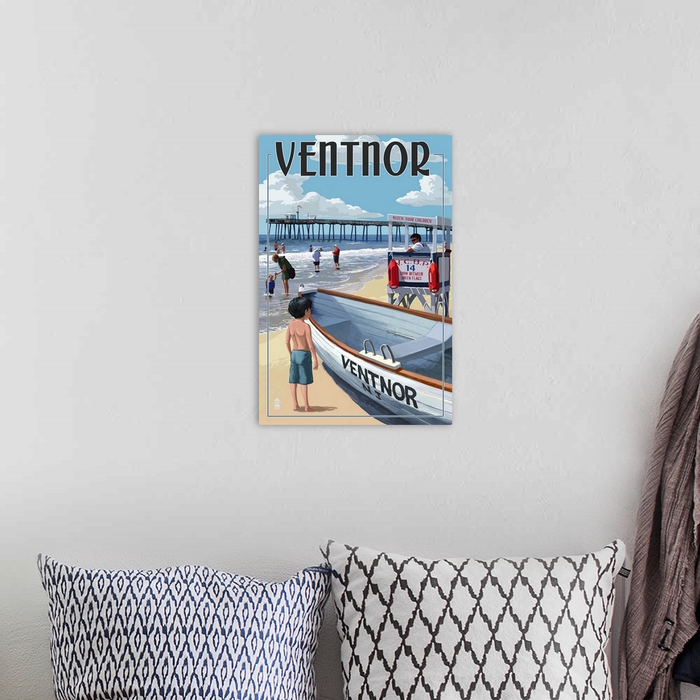 A bohemian room featuring Ventnor, New Jersey - Lifeguard Stand: Retro Travel Poster