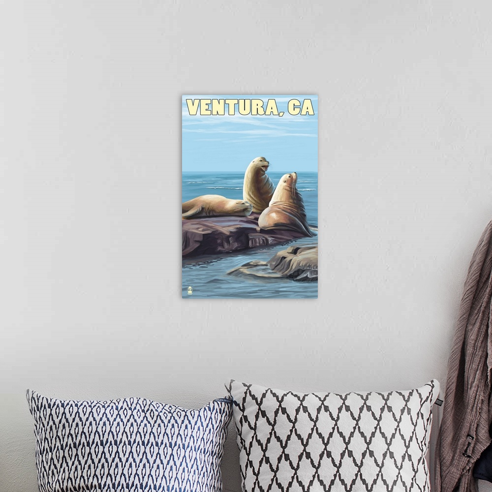 A bohemian room featuring Ventura, California - Sea Lions: Retro Travel Poster