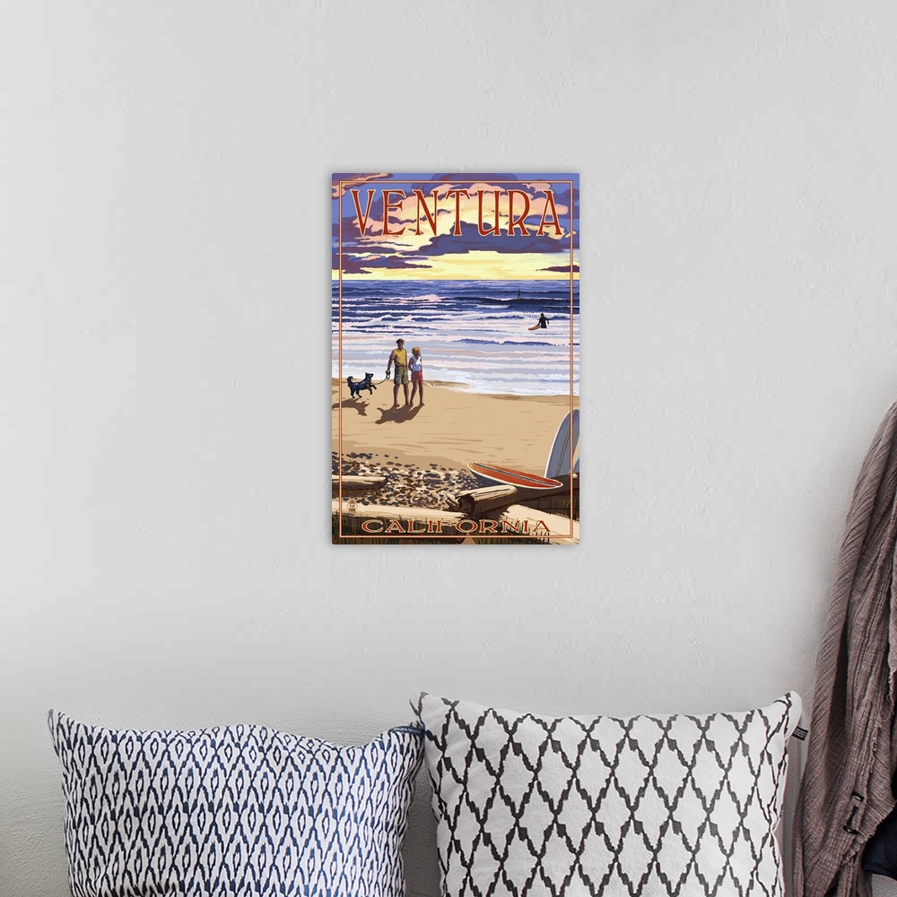 A bohemian room featuring Ventura, California - Sunset Beach Walk: Retro Travel Poster