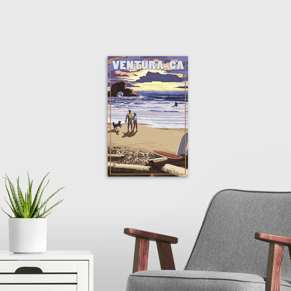 A modern room featuring Ventura, California - Surfing Beach Scene: Retro Travel Poster