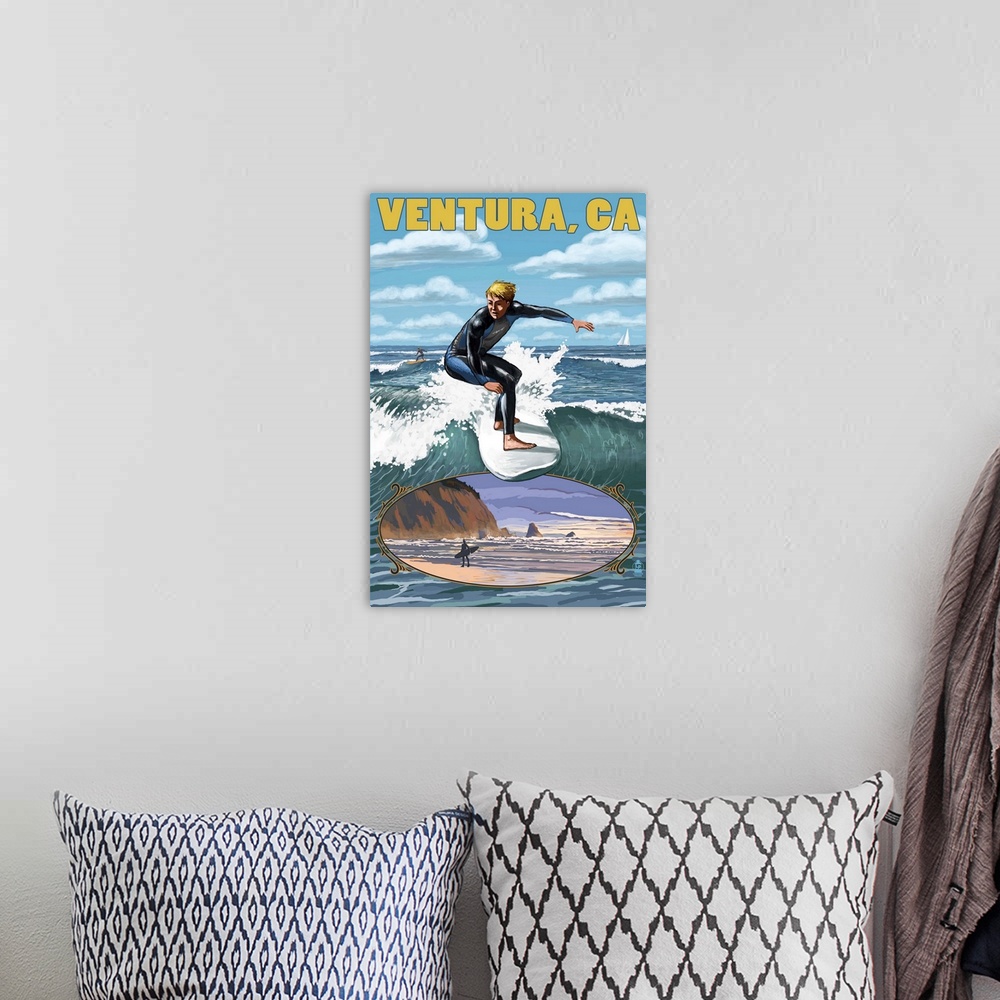 A bohemian room featuring Ventura, California - Surfing Inset: Retro Travel Poster