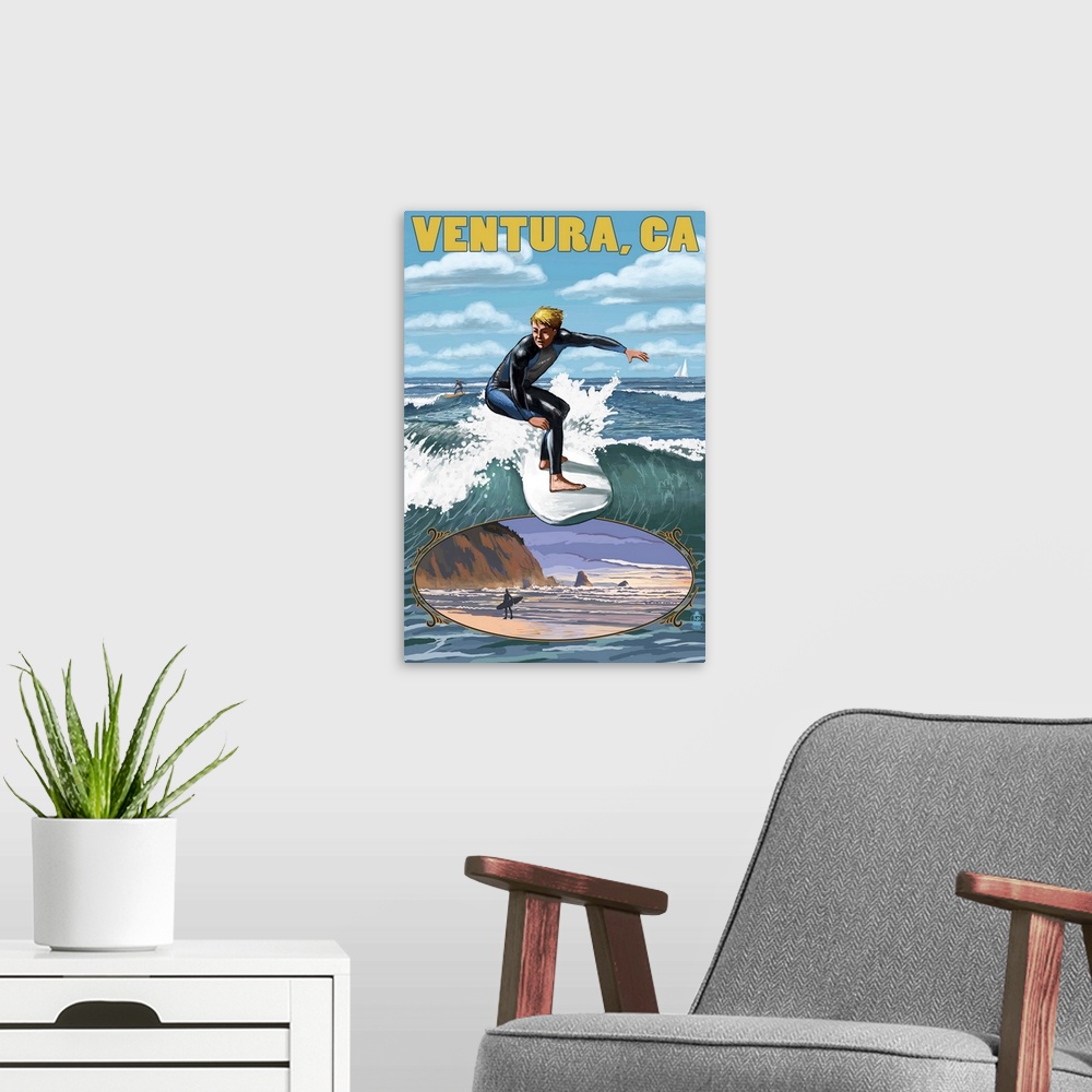 A modern room featuring Ventura, California - Surfing Inset: Retro Travel Poster