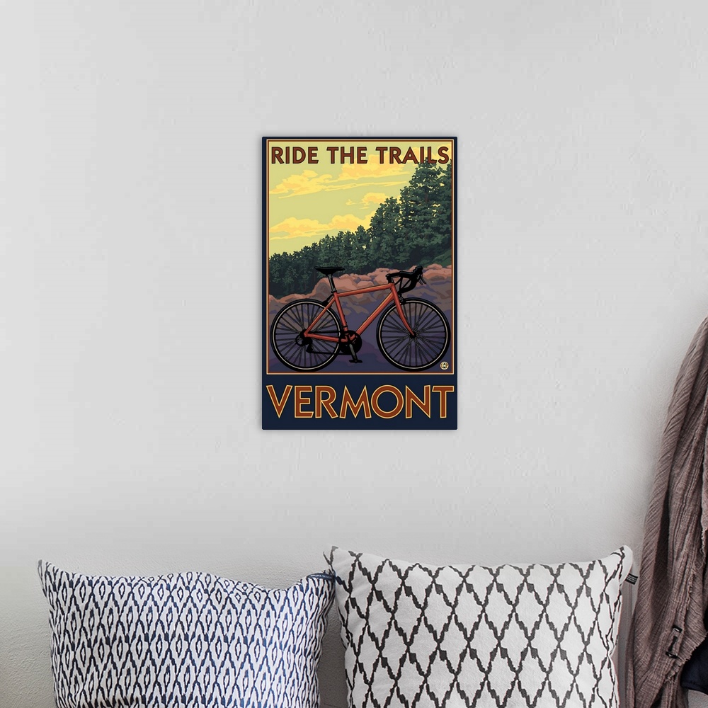 A bohemian room featuring Retro stylized art poster of a mountain bike, with a dense lush forest in the background.