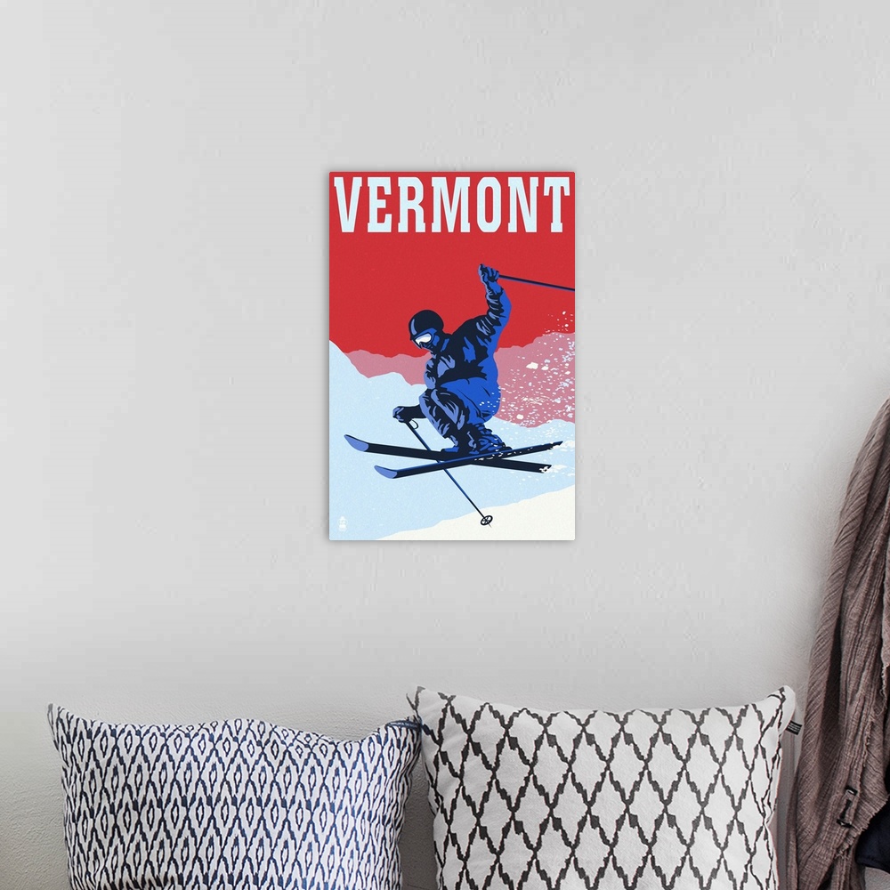 A bohemian room featuring Vermont - Colorblocked Skier: Retro Travel Poster