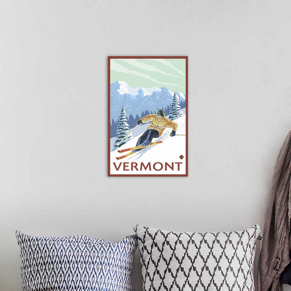 A bohemian room featuring Vermont - Downhill Skier Scene: Retro Travel Poster
