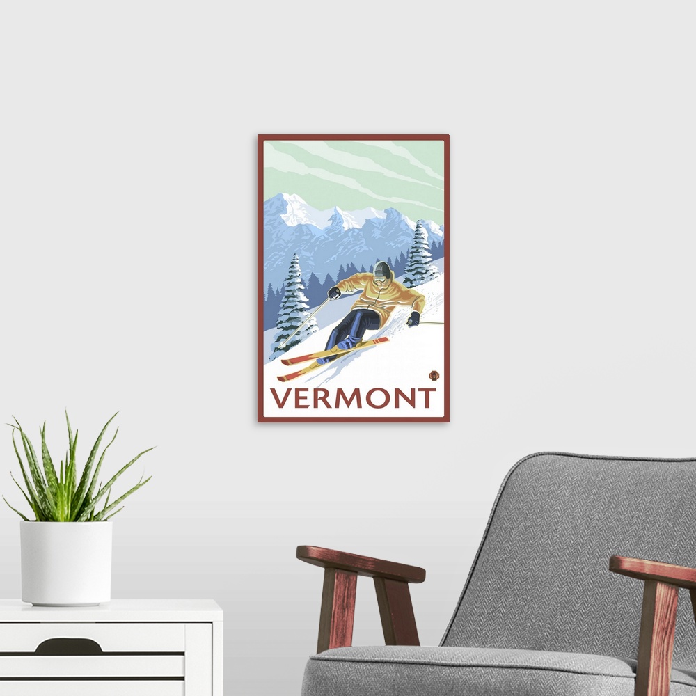 A modern room featuring Vermont - Downhill Skier Scene: Retro Travel Poster
