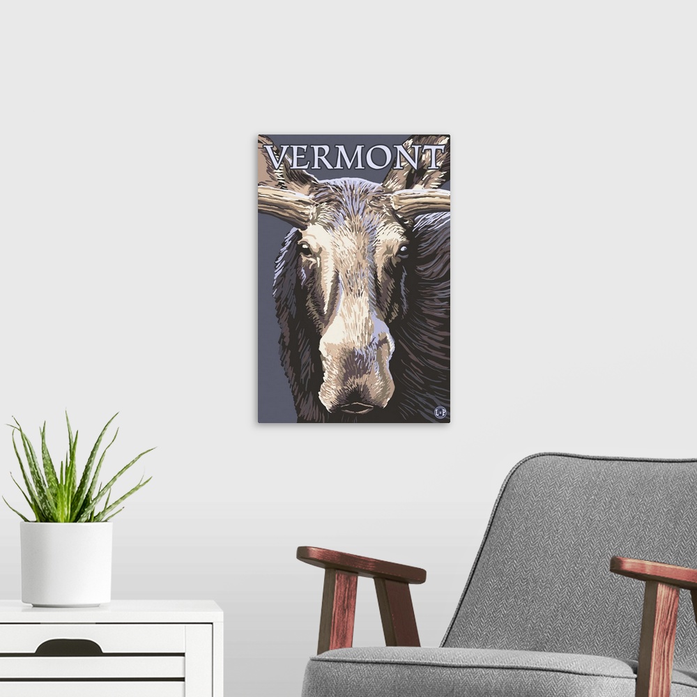 A modern room featuring Vermont - Moose Up Close: Retro Travel Poster