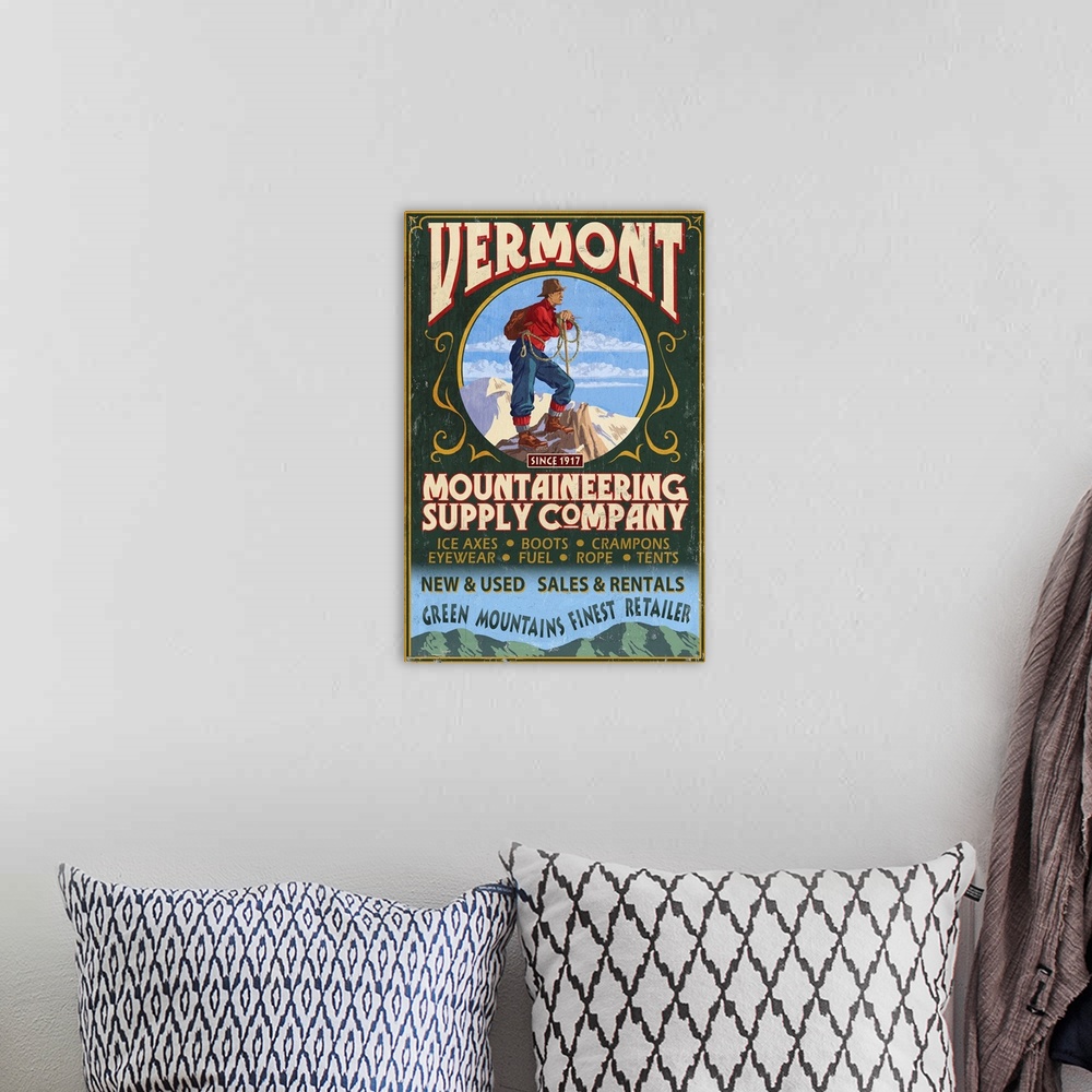 A bohemian room featuring Vermont - Mountaineering Supply Company: Retro Travel Poster