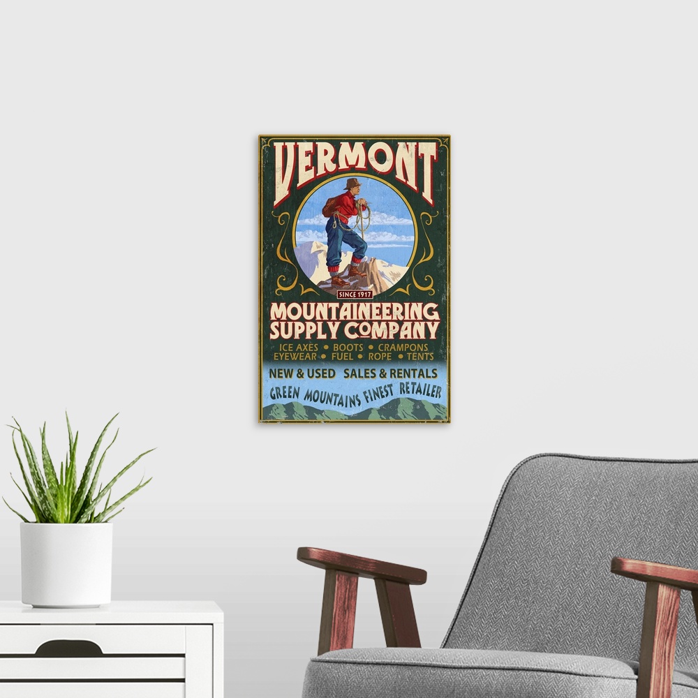 A modern room featuring Vermont - Mountaineering Supply Company: Retro Travel Poster