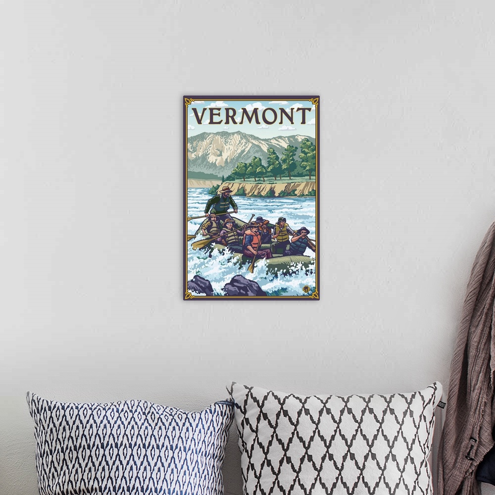 A bohemian room featuring Vermont - River Rafting Scene: Retro Travel Poster