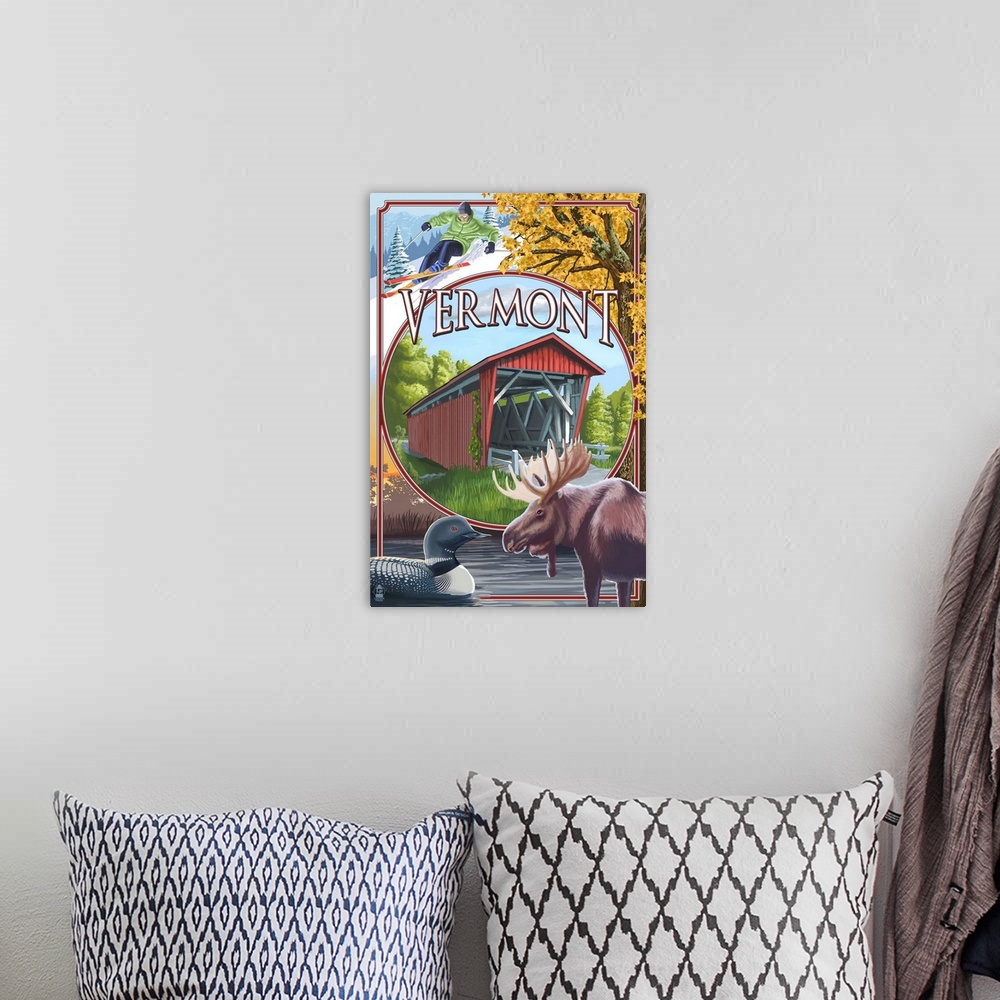 A bohemian room featuring Vermont Scenes: Retro Travel Poster