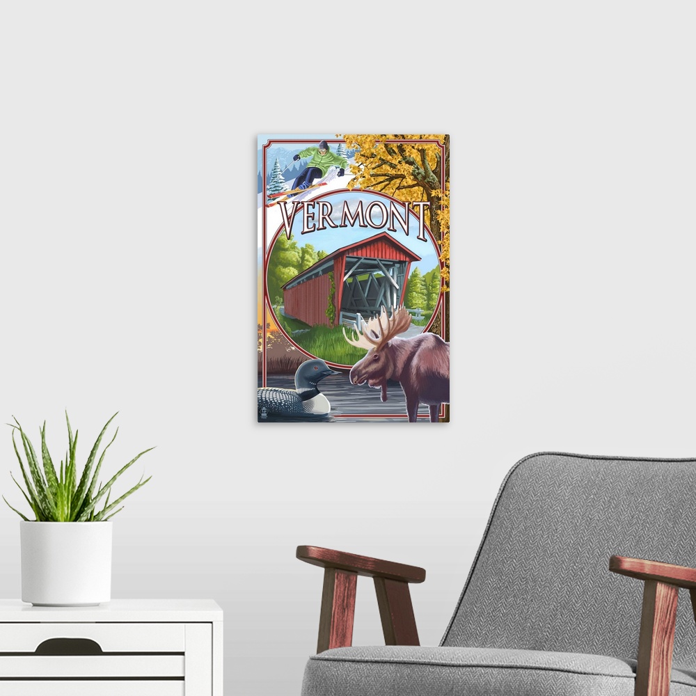 A modern room featuring Vermont Scenes: Retro Travel Poster