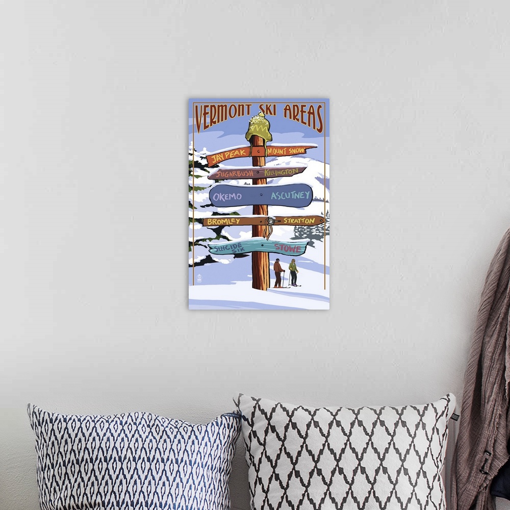 A bohemian room featuring Retro stylized art poster of a sign post giving different directions.
