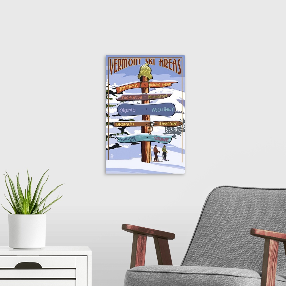 A modern room featuring Retro stylized art poster of a sign post giving different directions.