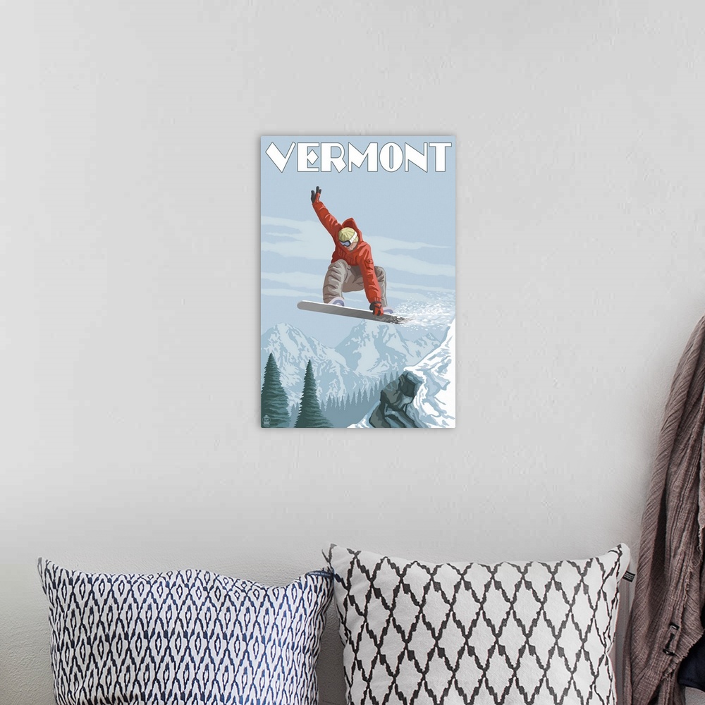 A bohemian room featuring Retro stylized art poster of a snowboarder jumping in the air, with a mountainous valley in the b...