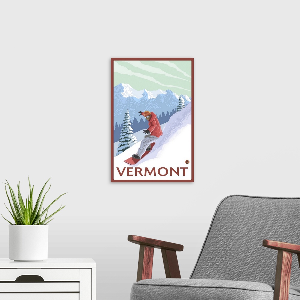 A modern room featuring Vermont - Snowboarder Scene: Retro Travel Poster