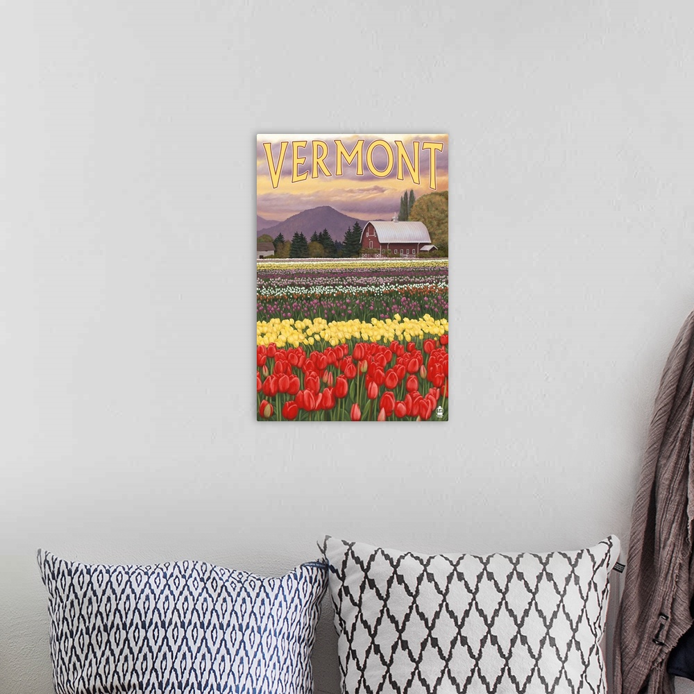 A bohemian room featuring Retro stylized art poster of a tulip field with a barn in the background.