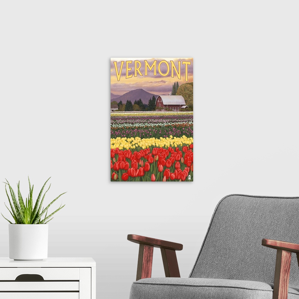 A modern room featuring Retro stylized art poster of a tulip field with a barn in the background.