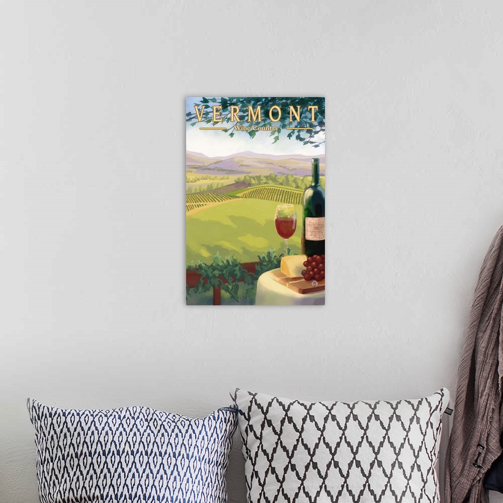A bohemian room featuring Vermont - Wine Country Scene: Retro Travel Poster