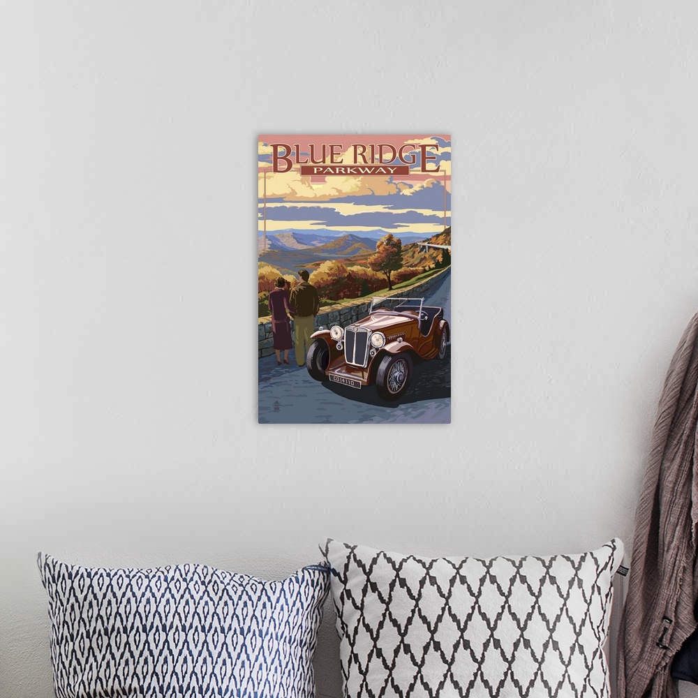 A bohemian room featuring Viaduct Scene at Sunset - Blue Ridge Parkway: Retro Travel Poster