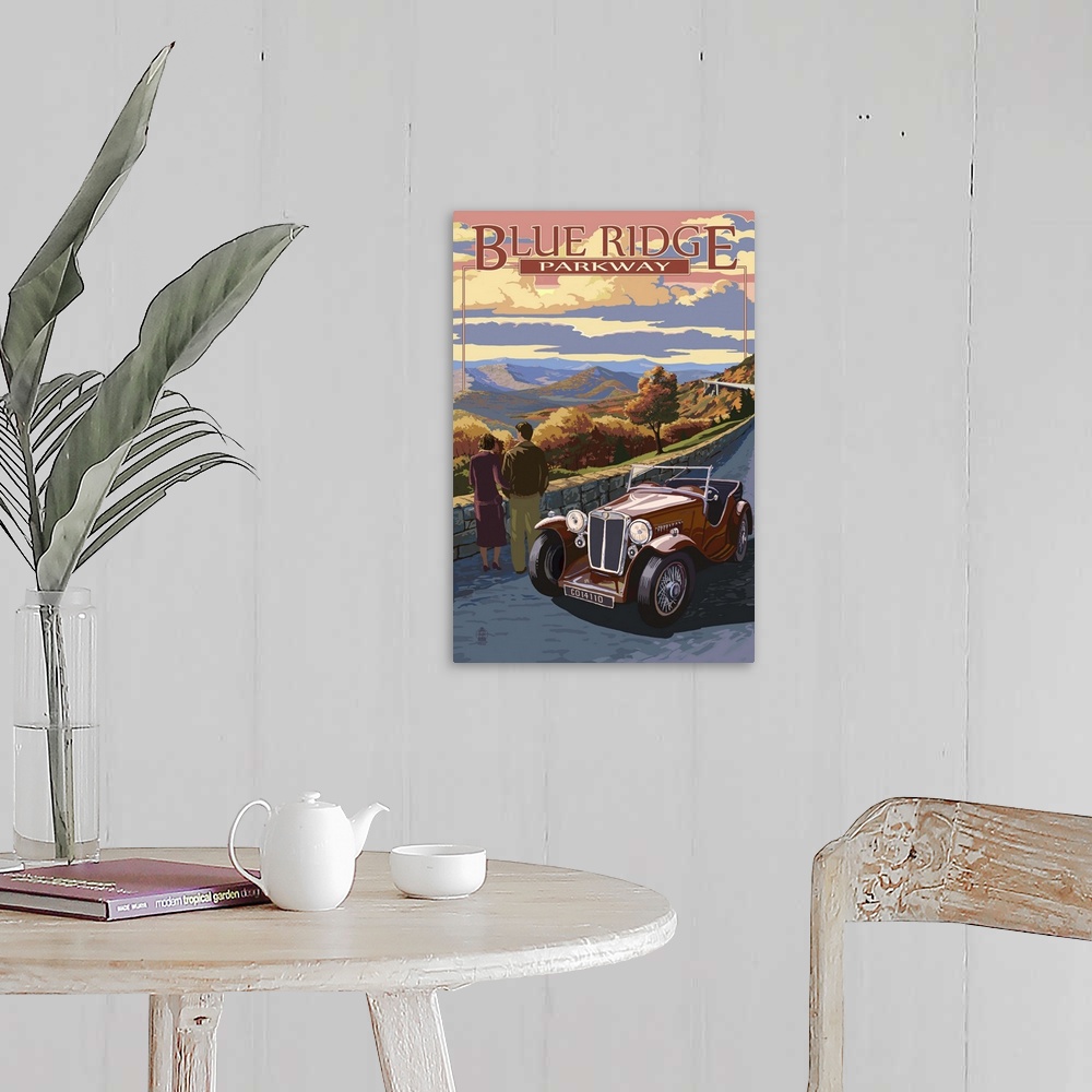 A farmhouse room featuring Viaduct Scene at Sunset - Blue Ridge Parkway: Retro Travel Poster