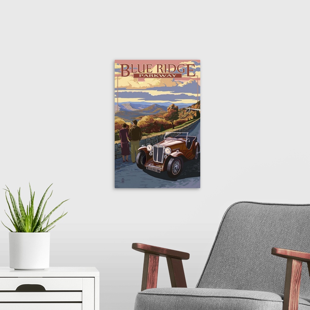 A modern room featuring Viaduct Scene at Sunset - Blue Ridge Parkway: Retro Travel Poster