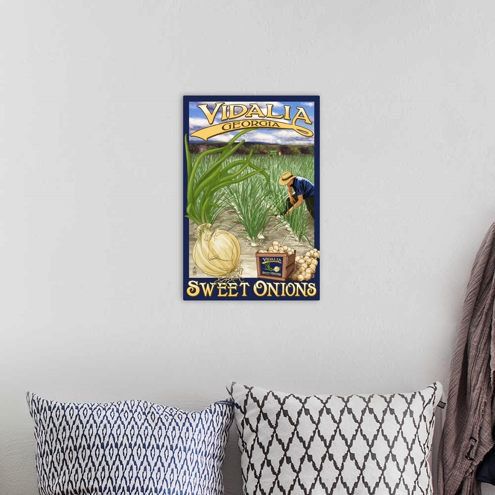 A bohemian room featuring Retro stylized art poster of a farmer harvesting sweet onions from a landscape of crops.