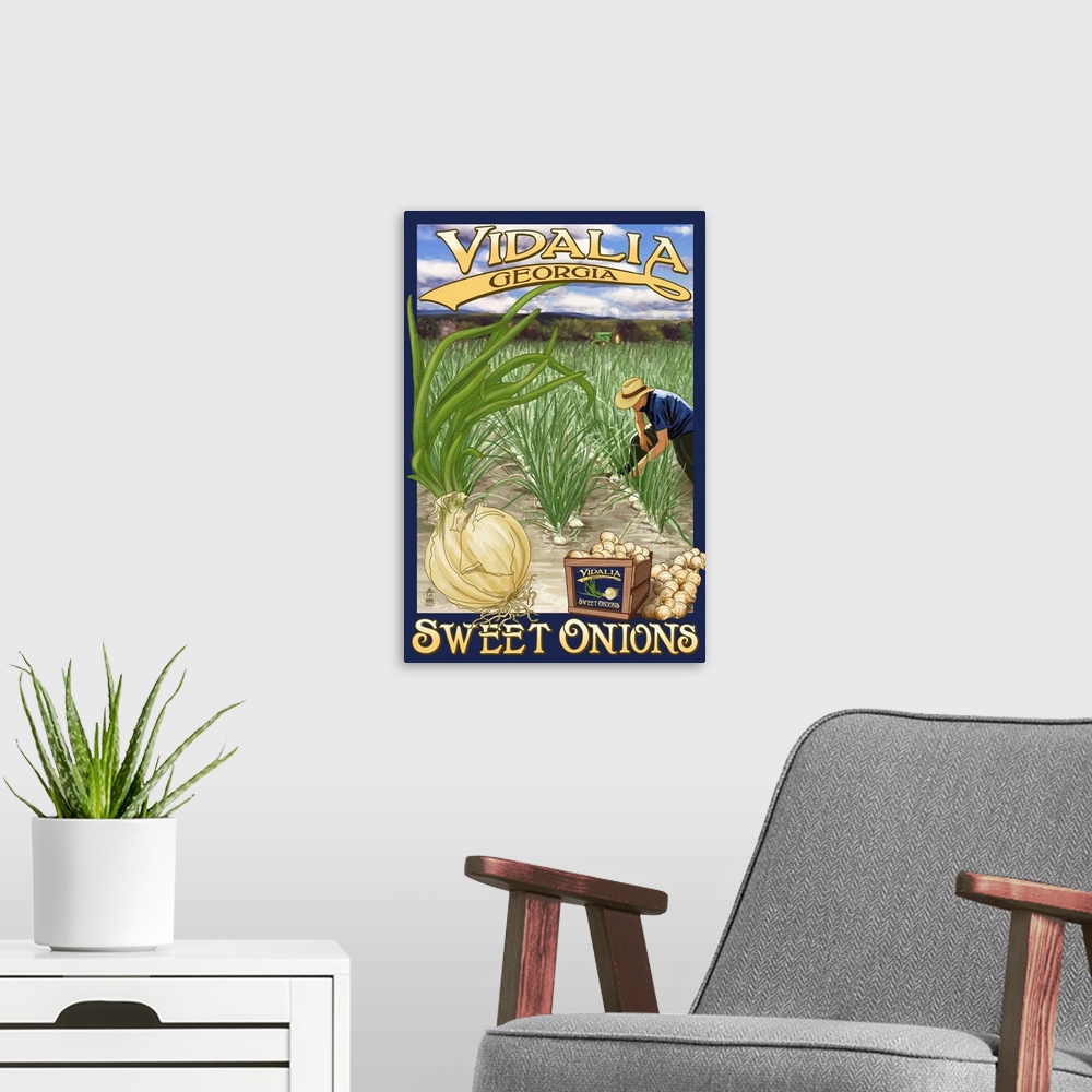 A modern room featuring Retro stylized art poster of a farmer harvesting sweet onions from a landscape of crops.