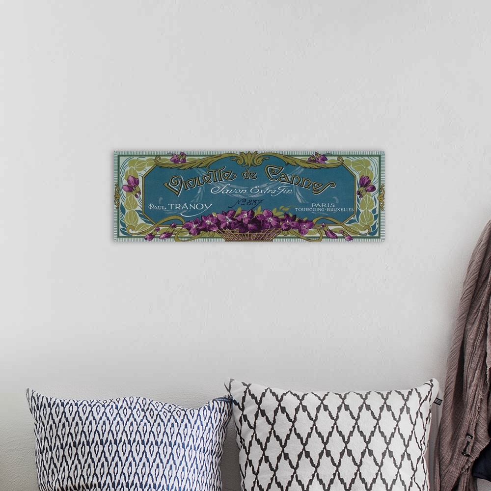 A bohemian room featuring French soap label, Cannes Violets brand.