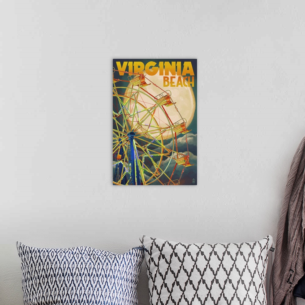 A bohemian room featuring Virginia Beach, Virginia - Ferris Wheen and Full Moon: Retro Travel Poster