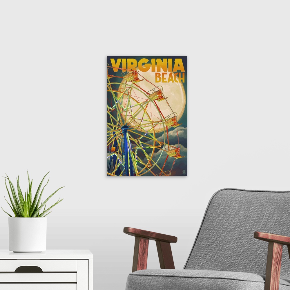 A modern room featuring Virginia Beach, Virginia - Ferris Wheen and Full Moon: Retro Travel Poster