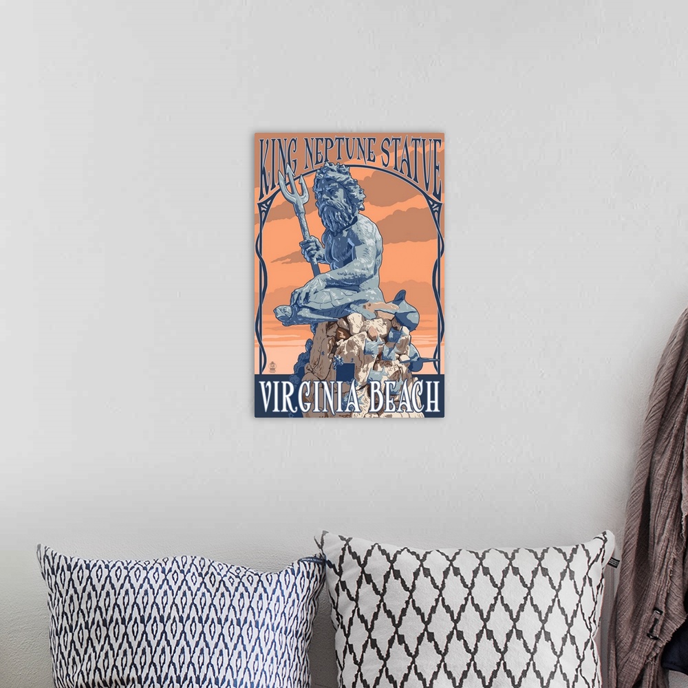 A bohemian room featuring Retro stylized art poster of a statue of king Neptune.