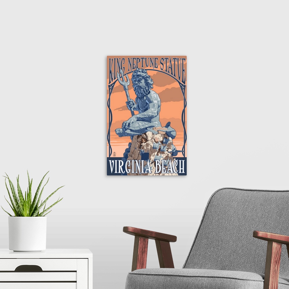 A modern room featuring Retro stylized art poster of a statue of king Neptune.