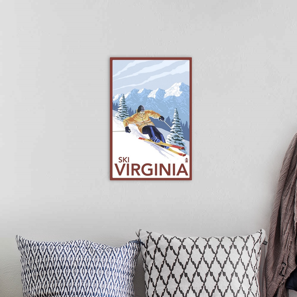 A bohemian room featuring Virginia - Downhill Skier: Retro Travel Poster