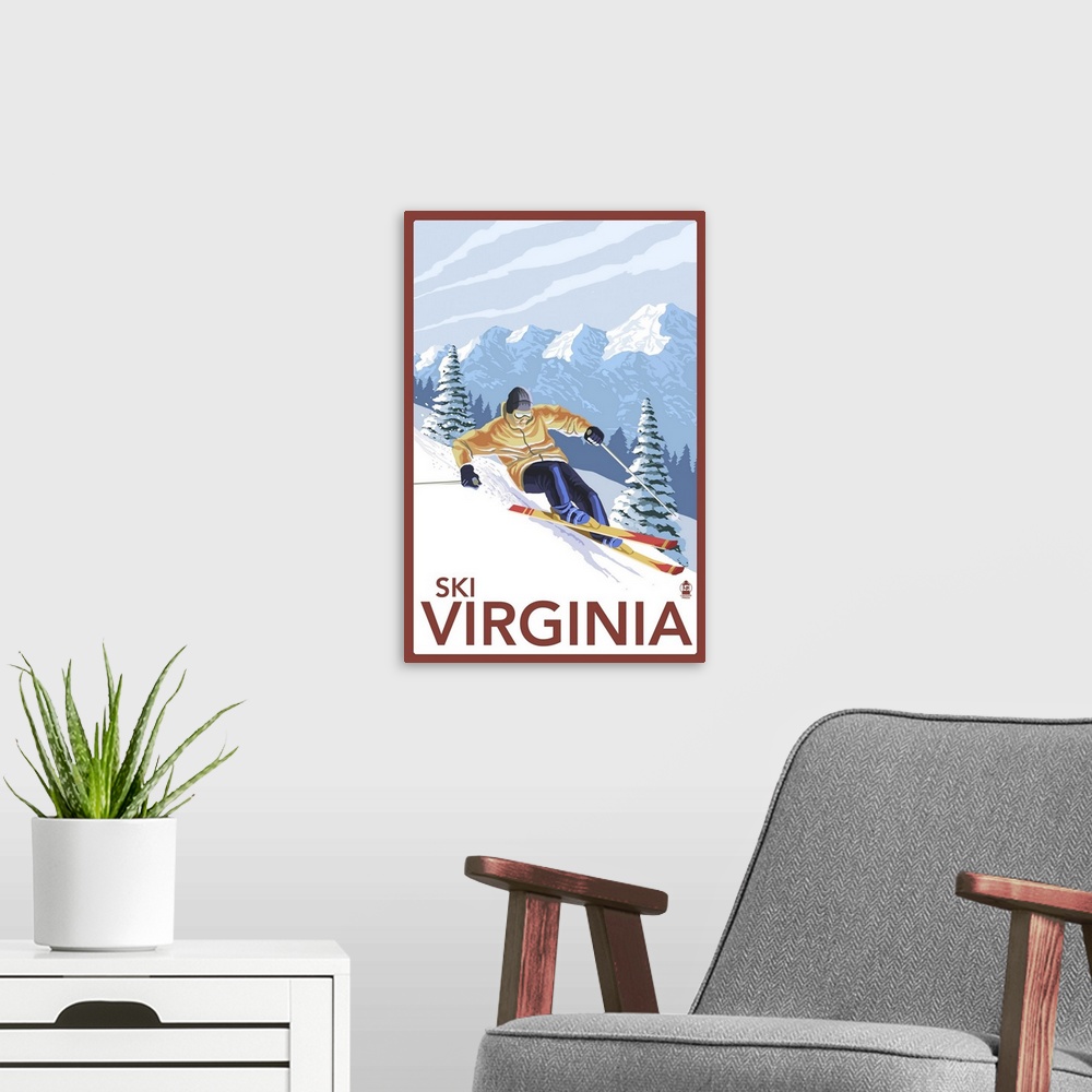 A modern room featuring Virginia - Downhill Skier: Retro Travel Poster