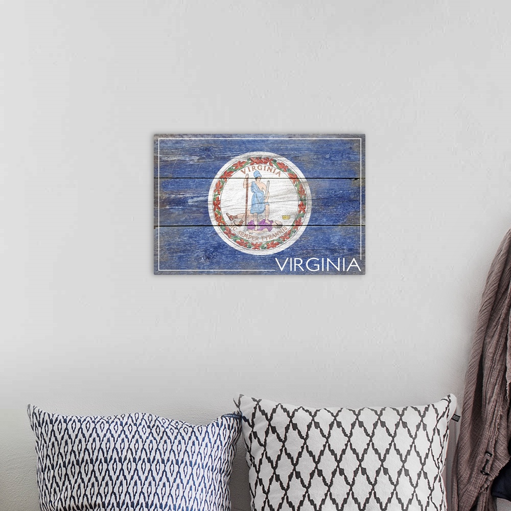 A bohemian room featuring The flag of Virginia with a weathered wooden board effect.