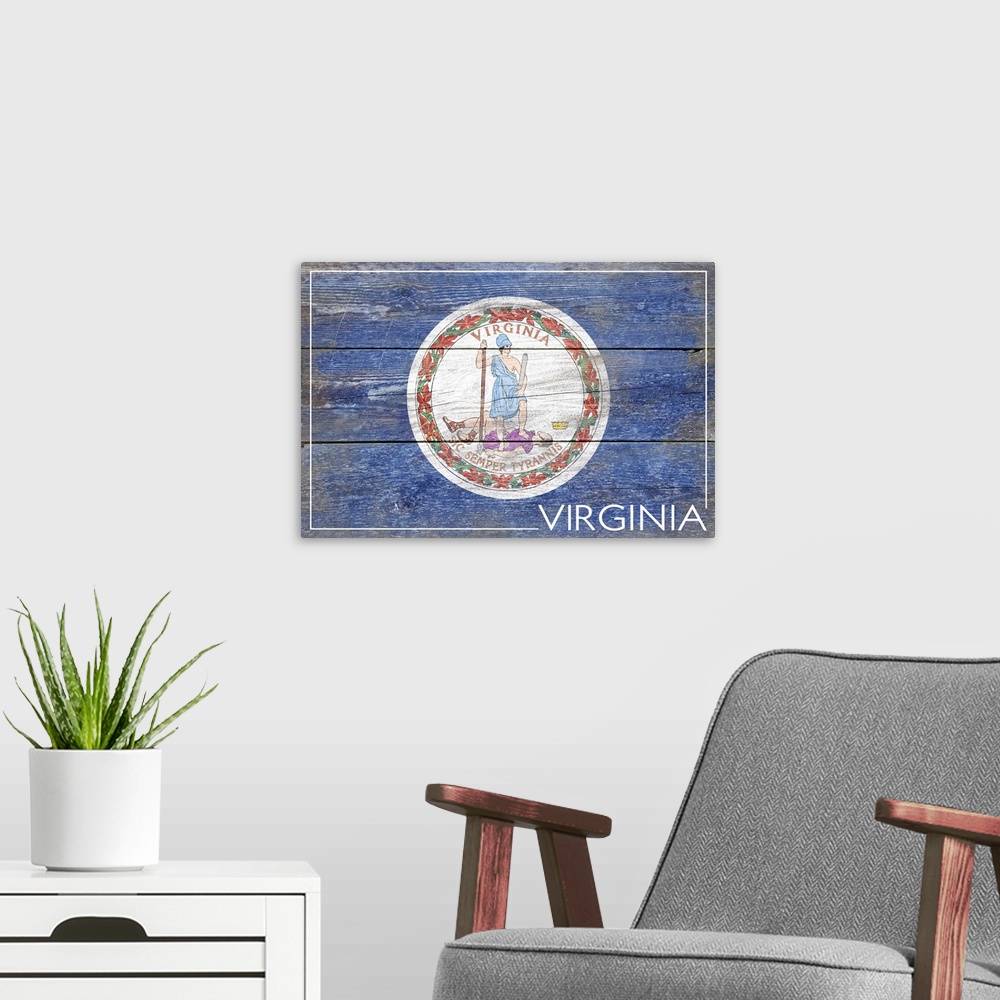 A modern room featuring The flag of Virginia with a weathered wooden board effect.