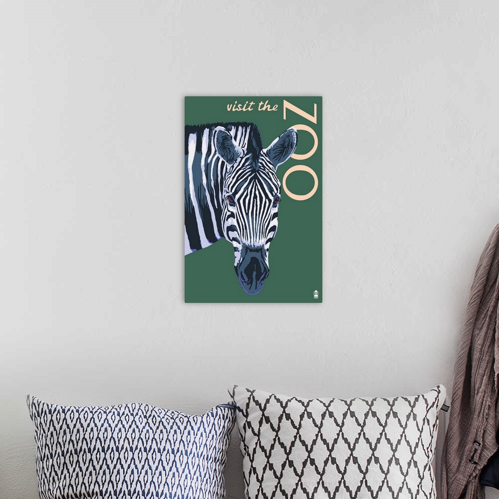 A bohemian room featuring Visit the Zoo - Zebra Profile: Retro Travel Poster