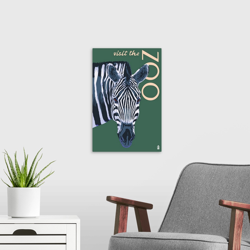 A modern room featuring Visit the Zoo - Zebra Profile: Retro Travel Poster