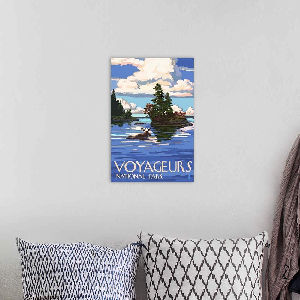A bohemian room featuring Voyageurs National Park, Moose Swimming: Retro Travel Poster